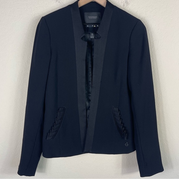 Scotch & Soda Satin Trimmed Blazer With Ruffle Pockets Black Size 2 - Picture 1 of 7